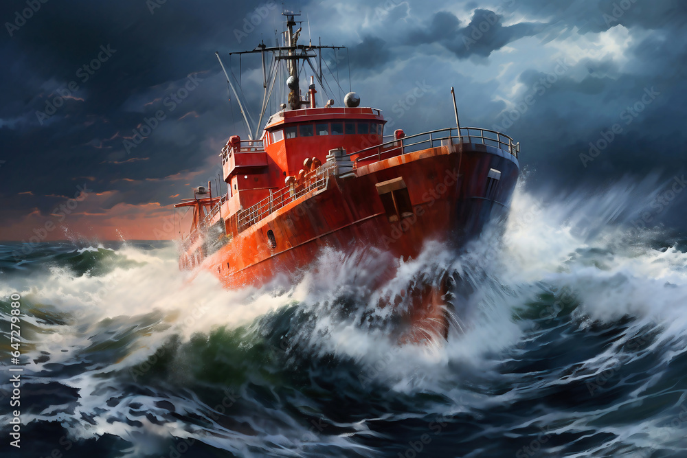 A cargo or fishing ship is caught in a severe storm. Ship at sea on big waves. The threat of shipwreck. Element in the ocean. The hard work of a sailor. A cargo or fishing ship is caught in a severe storm. Ship at sea on big waves. The threat of shipwreck. Element in the ocean. The hard work of a sailor.