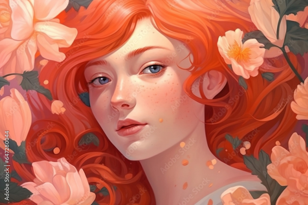 tender woman girl pastel flower bouquet trend beauty face colourful portrait. Generative AI.