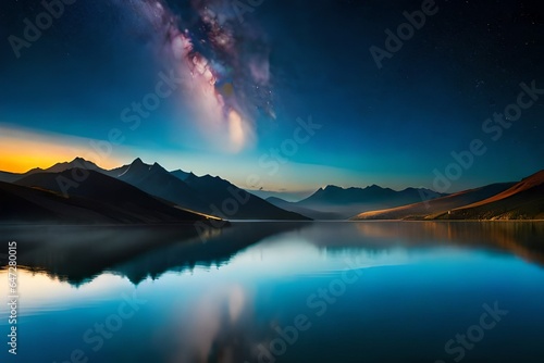 A clear night sky filled with stars over a calm lake,