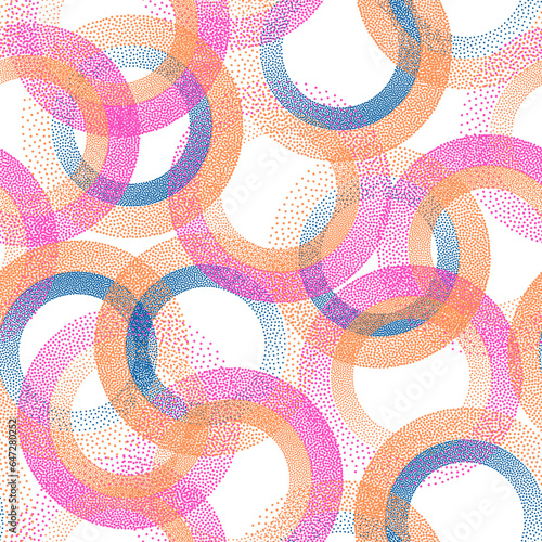 Circle ring shapes of dots contemporary vector seamless pattern.