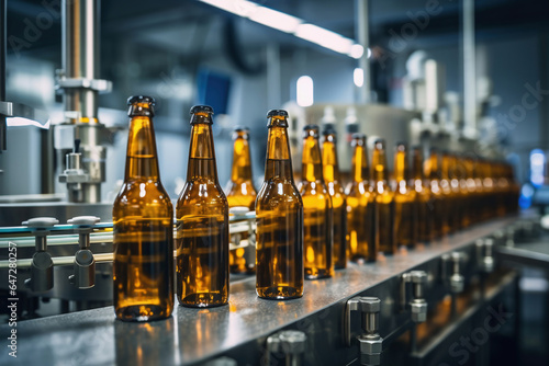 Factory for the production of beer. Brewery conveyor with glass beer drink alcohol bottles  modern production line. Blurred background. Modern production for bottling drinks. Selective focus.