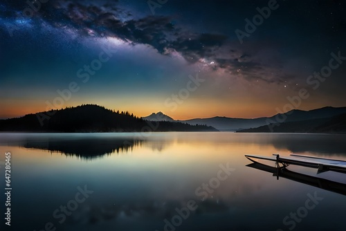 A clear night sky filled with stars over a calm lake,