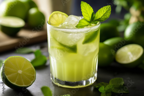 Lemon and lime drink served in a glass with ingredients in the background