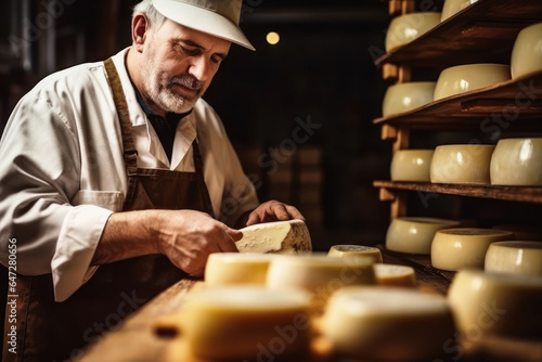 An elderly farmer checks the readiness of his homemade cheese. The cheese matures in the farmer's basement. Homemade cheese production. Natural product.
