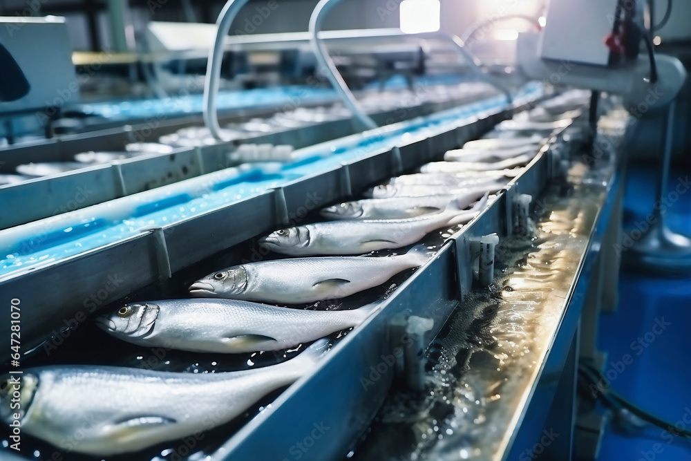 Obraz premium Fish processing plant. Production Line. Raw sea fish on a factory conveyor. Production of canned fish. modern food industry.