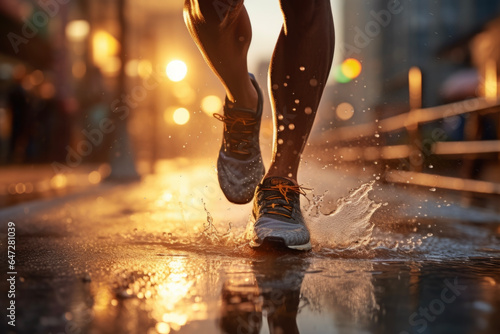 A close -up of a runner running while splash the water in the puddle after the rain. The background of the beautiful sunshine shining. Hobbies and sports lifestyle concepts.
