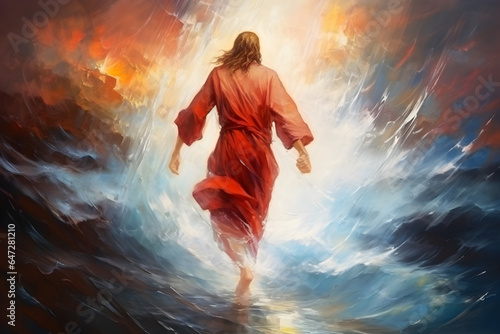 Jesus Christ walking on water during storm.