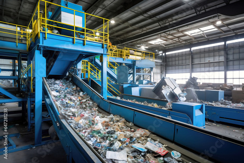 Waste sorting plant. Many different conveyors and bins. conveyors filled with various household waste. Waste disposal and recycling. Waste processing plant. © Anoo