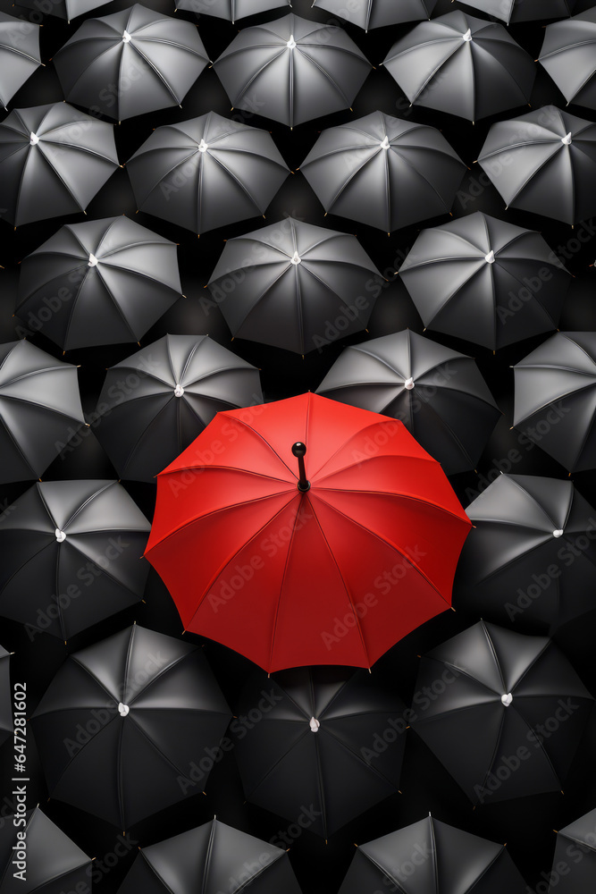 Red umbrella stand out from the crowd of many black and white umbrellas. Business, leader concept, being different concepts Red umbrella stand out from the crowd of many black and white umbrellas. Business, leader concept, being different concepts