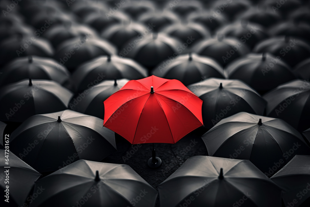 Red umbrella stand out from the crowd of many black and white umbrellas. Business, leader concept, being different concepts - obrazy, fototapety, plakaty 