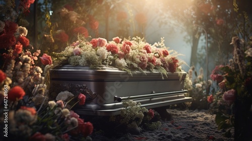 Casket and flowers at cemetery © Samina