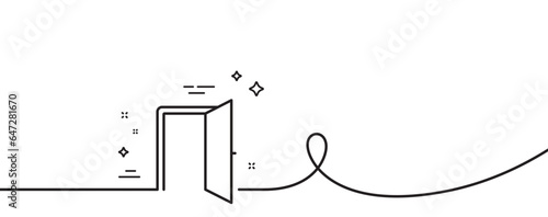 Open door line icon. Continuous one line with curl. Entrance doorway sign. Building entry symbol. Open door single outline ribbon. Loop curve pattern. Vector