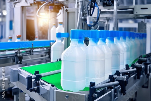 Filling bottles with water, Bottling factorys, plastic canisters, Empty plastic jerrycans moving on conveyor belt of automatic pet blow molding machine at, Generative AI