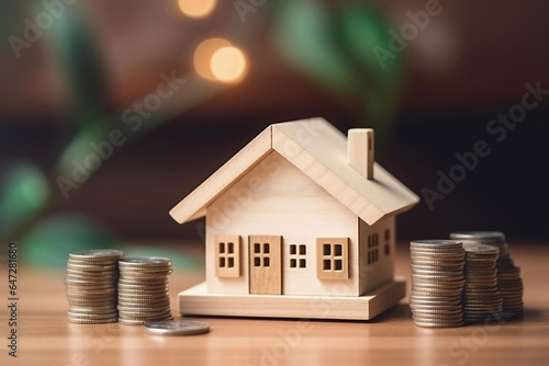 View of stack of coins with house model, housing savings plans, financial concept, real estate mortgage purchase with loan money bank concept. Property tax concept. Rental of property.