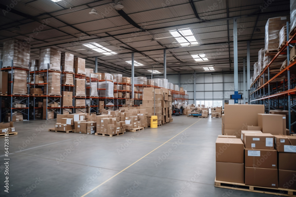 A huge warehouse filled with neatly stacked boxes. Interior of a modern warehouse. Large space for storing and moving goods. logistics. Trade in the modern world. A huge warehouse filled with neatly stacked boxes. Interior of a modern warehouse. Large space for storing and moving goods. logistics. Trade in the modern world.