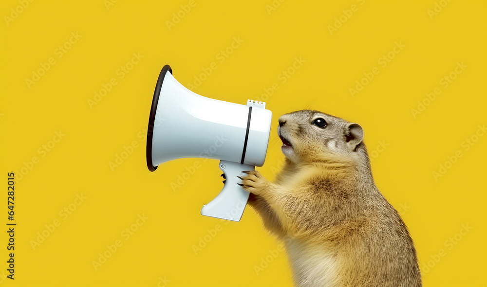 Fototapeta premium Woodchuck announcing using hand speaker. Notifying, warning, announcer