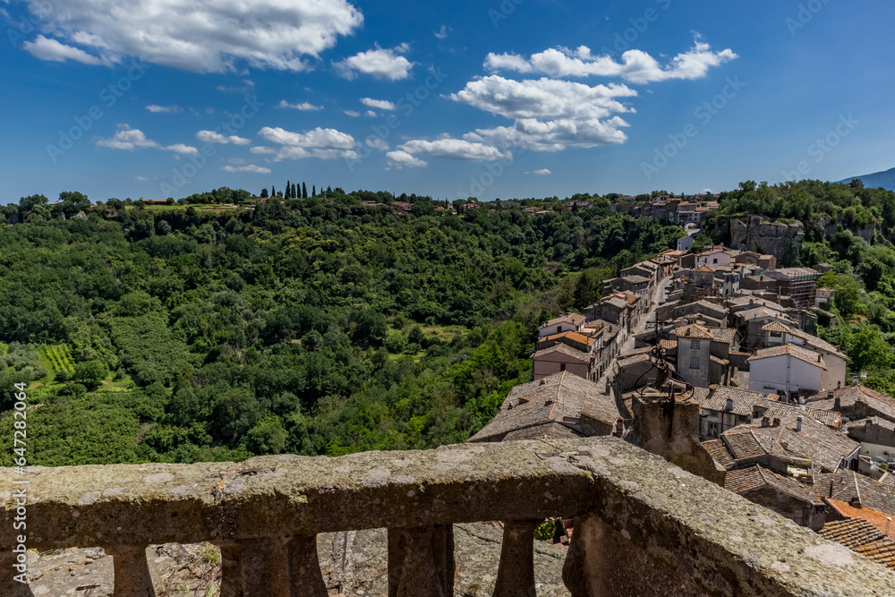Town of Bomarzo, Viterbo, Italy. Travel street view of city architecture and details. Sunny warm pleasant day for a walk