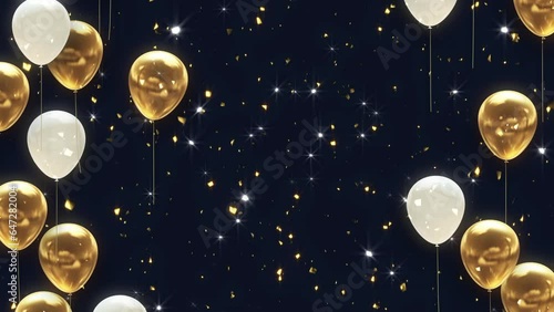 Background of golden confetti falling on white and gold balloons created with CG