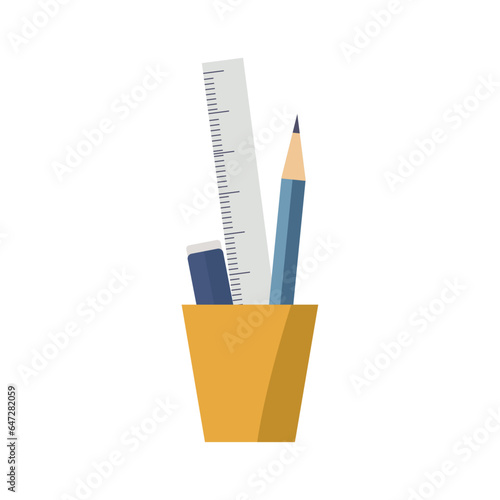 Pencil or pen cup organizer vector illustration, pencil holder contains a pencil ruler and eraser, school supplies clipart