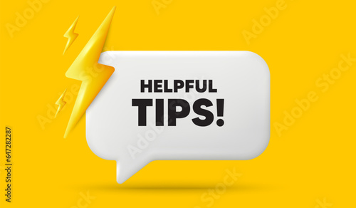 Helpful tips tag. 3d speech bubble banner with power energy. Education faq sign. Help assistance symbol. Helpful tips chat speech message. 3d offer talk box. Vector