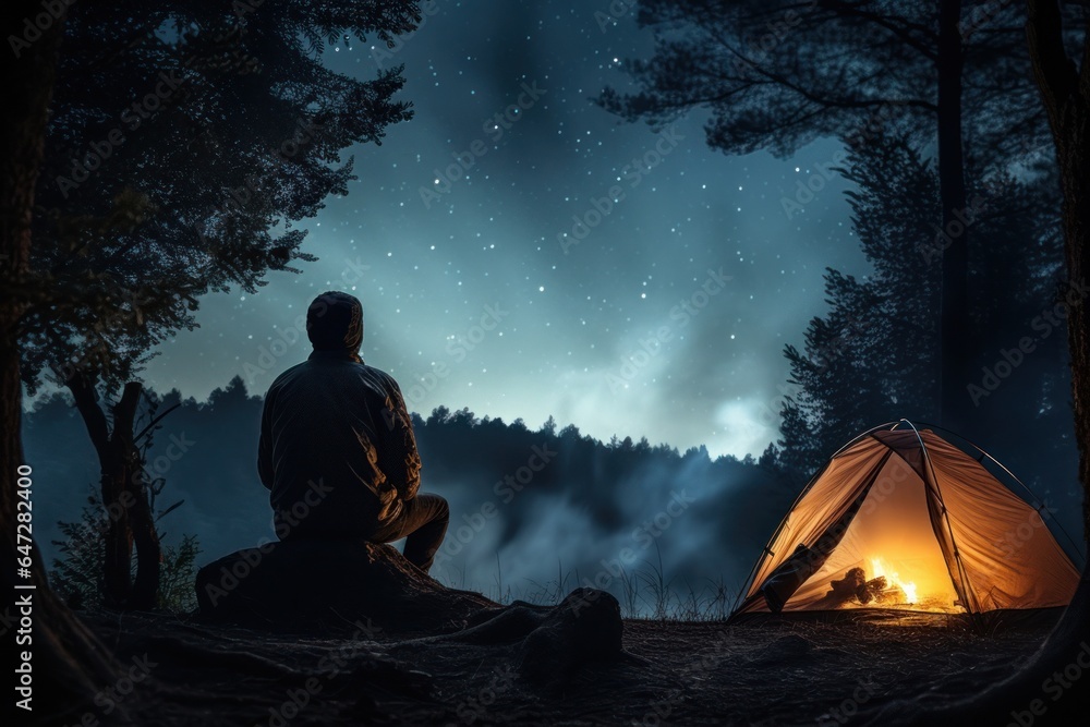 A man is seen sitting in front of a tent at night. This image can be used to depict camping, adventure, solitude, or outdoor activities.
