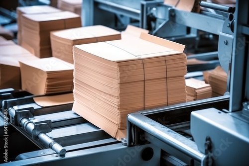 Elements of corton boxes are collected in stack. Conveyor line for the production of boxes. Machine cuts cardboard boxes from sheets of cardboard. Enterprise for the production, Generative AI photo
