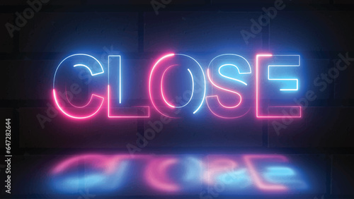 Bright neon text close web banner. Neon text close isolated on bricks background photo
