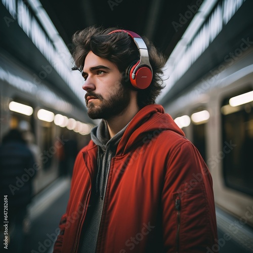 Handsome man with headphones on his ears. Generative AI.