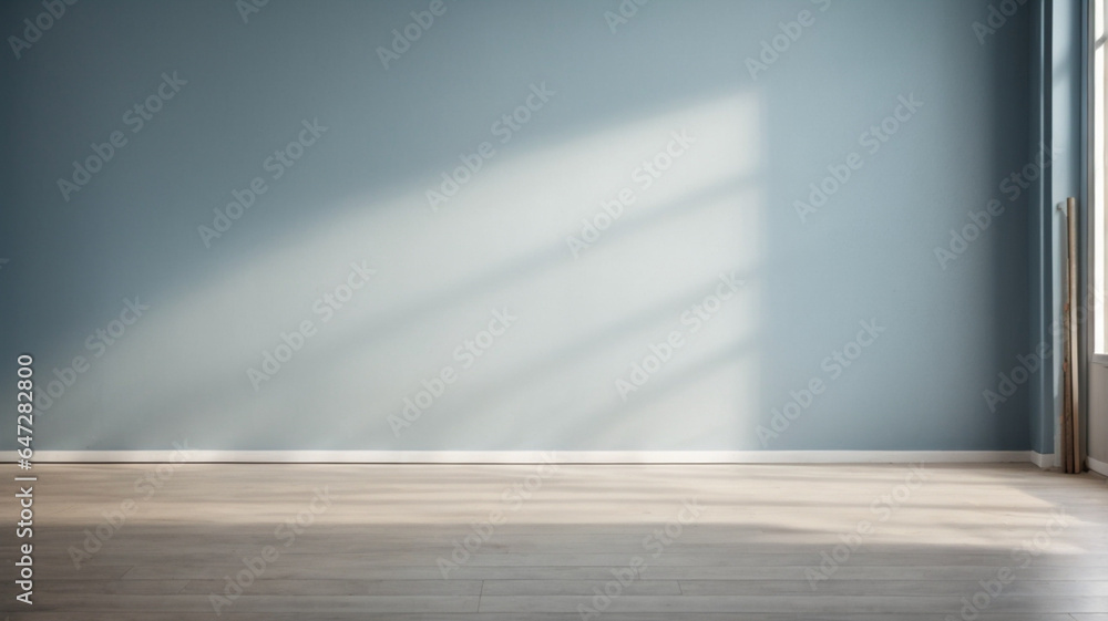 Empty wall and wooden floor with interesting glow from the window. Interior background, pastel colors, light blue. Mockup Empty wall and wooden floor with interesting glow from the window. Interior background, pastel colors, light blue. Mockup