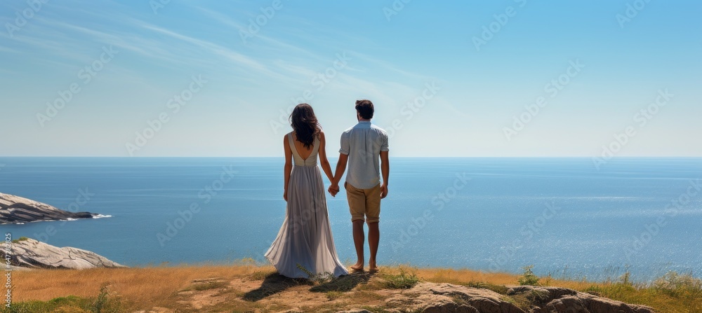 Fototapeta premium Romantic couple holding hand each others at sunset beach cliff. Generative AI technology.