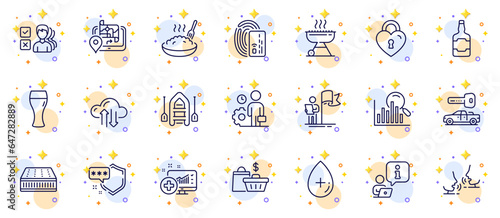 Outline set of Boat, Employee and Opinion line icons for web app. Include Gps, Shield, Porridge pictogram icons. Mattress, Medical analytics, Search signs. Grill, Cloud sync, Sale bags. Vector