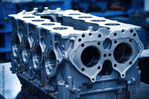 cylinder block of diesel engine repair.  Close-up of the cylinder block in blue tone.  Car engine cylinder heads. Industry car service concept, Generative AI photo