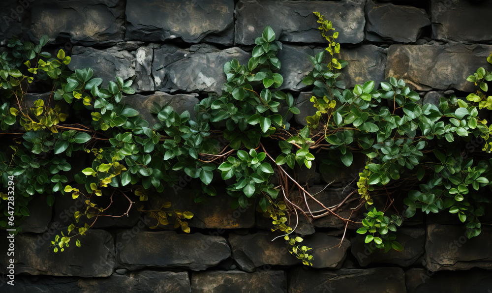 Green ivy on a dark stone wall. Green ivy on a dark stone wall.