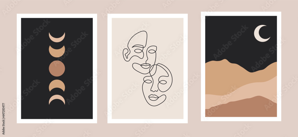 retro mid century modern poster set, boho vector illustration, minimalist design with line art faces, abstract landscape and moon elements, A3 prints and backgrounds