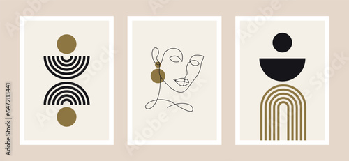 retro mid century modern poster set, boho vector illustration, minimalist design with abstract woman, geometric shapes and line art elements, A3 prints and backgrounds
