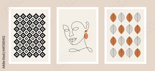 retro mid century modern poster set, boho vector illustration, minimalist design with abstract woman, geometric shapes and line art leves elements, A3 fall prints and autumn backgrounds