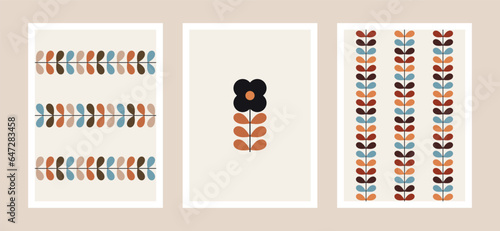 retro mid century modern poster set, boho vector illustration, minimalist design with abstract flower, geometric shapes and leaves ornament, A3 prints and backgrounds
