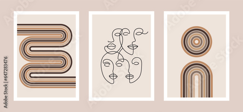 retro mid century modern poster set, boho vector illustration, minimalist design with abstract women faces and geometric shapes, A3 prints and backgrounds