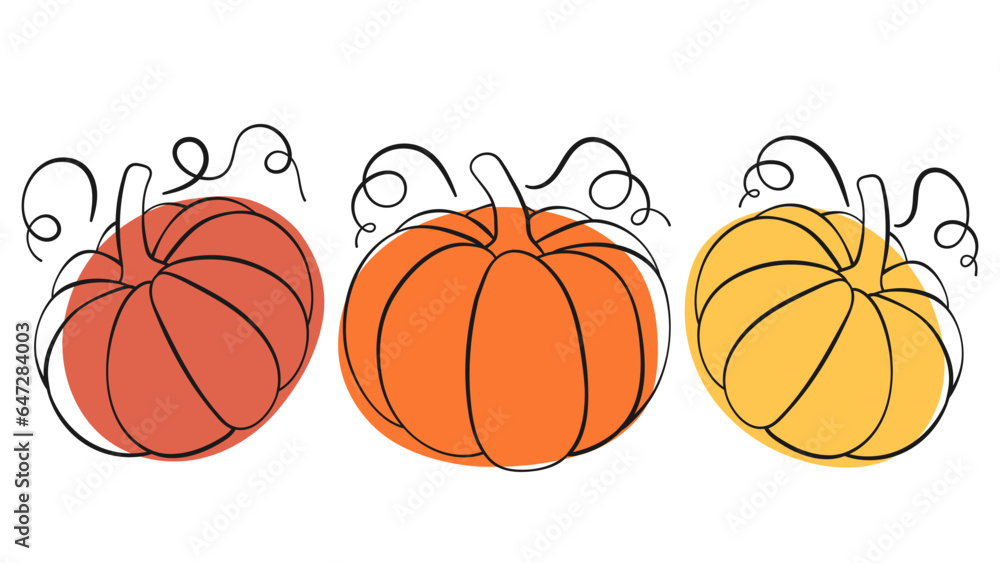 Pumpkin design for Thanksgiving or Halloween. Composition of pumpkins in line art style. Outlined pumpkin, pumpkin doodles.