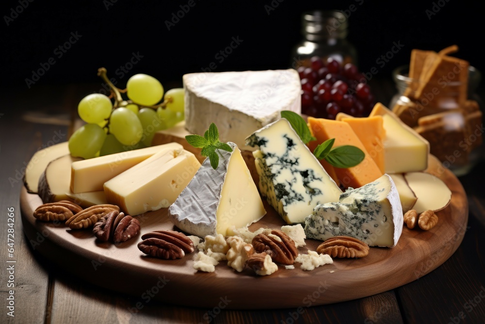A wooden plate topped with a delicious assortment of cheese and nuts. Perfect for food and snack-related content.