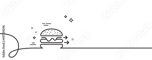 Food delivery line icon. Continuous one line with curl. Burger meal sign. Catering service symbol. Food delivery single outline ribbon. Loop curve pattern. Vector