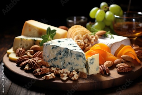 A wooden plate topped with a variety of cheese and nuts. This image can be used to showcase a delicious appetizer or as a visual representation of a charcuterie board. Perfect for food blogs, restaura