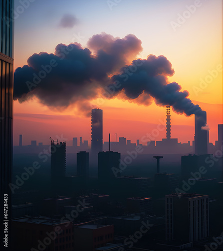 Air pollution in industrial era  large factory smoke stacks in sunset  generative ai