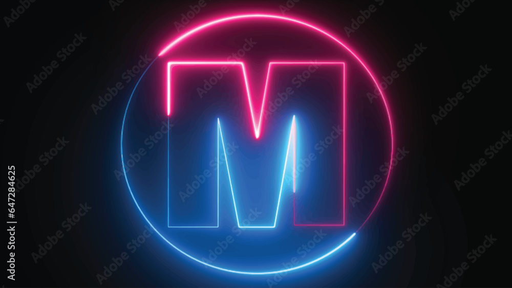 Neon Letter M with neon circle, Neon alphabet M glowing in the dark, pink blue neon light, Shine text M, the best digital symbol, 3d render, Education concept.