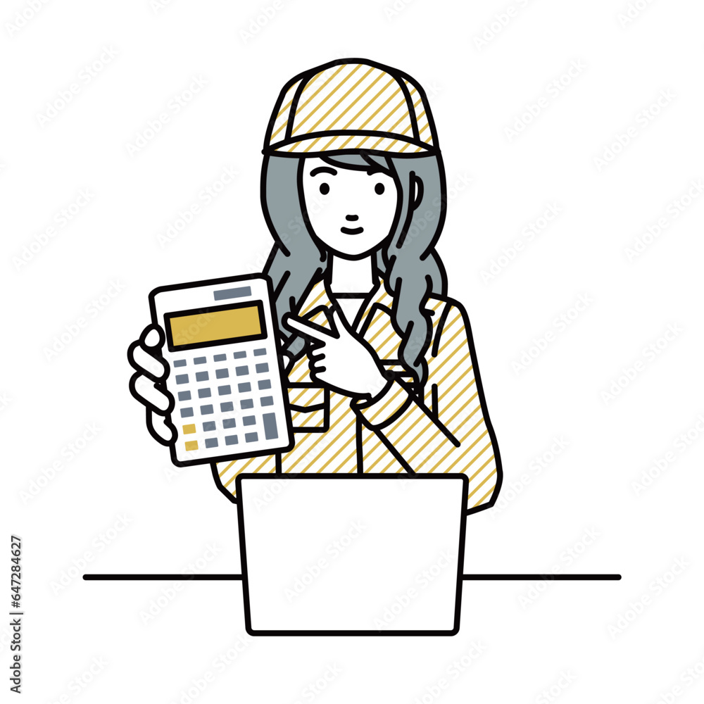 座ってデスクでノートPCを開いて電卓を指差してこちらに向けて見せている作業員の女性 座ってデスクでノートPCを開いて電卓を指差してこちらに向けて見せている作業員の女性