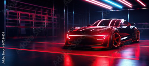 Futuristic Red Neon Car Scene - Auto Design in Luminescent Shades - Background with Empty Copy Space for Text - Fictional Conceptional Car Wallpaper Red Neon created with Generative AI Technology © Vehicles Generative
