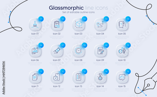 Set of Journey, Fast payment and Article line icons for web app. Ask question, Package size, Cloud communication icons. Accounting checklist, Time change, Outsource work signs. Timer app. Vector