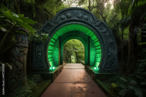 Radiant entrance to extraterrestrial realm amidst lush emerald woods. Generative AI