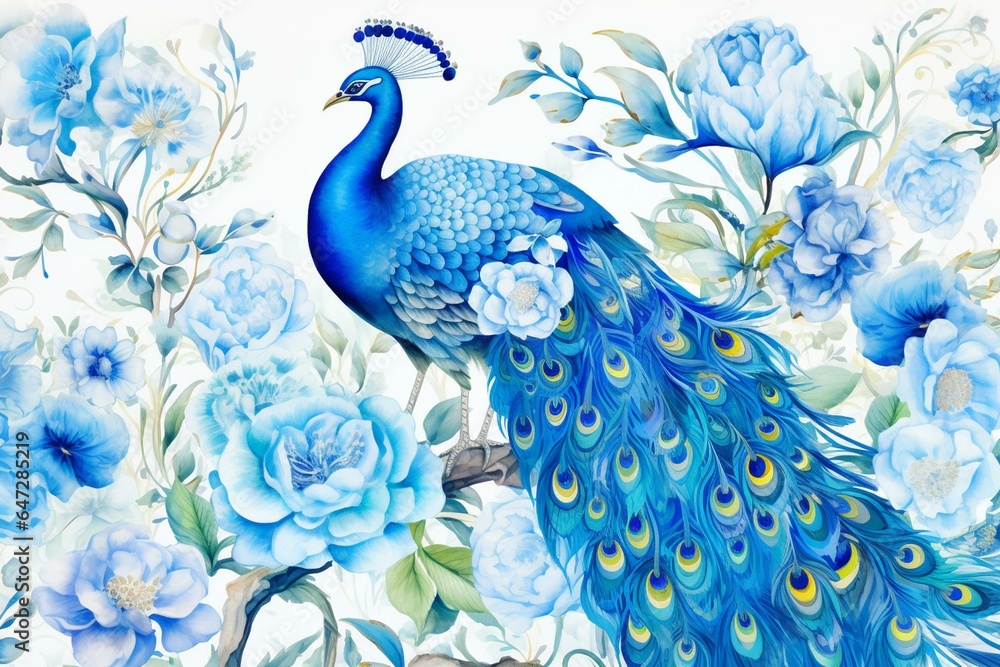 Classic pattern of blue watercolor peacock and floral motifs. Generative AI