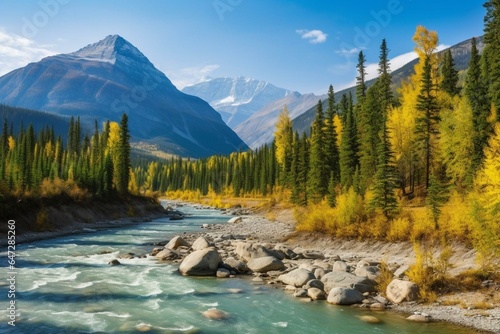 Scenic Canadian mountains with a river, trees, and peaks. Beautiful autumn weather. Located in British Columbia, Canada. Generative AI